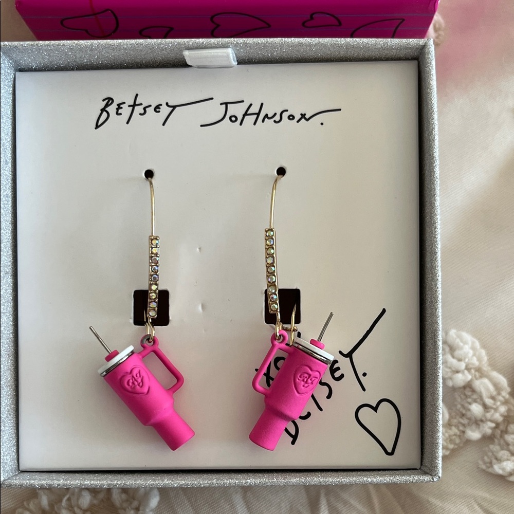Betsey Johnson Jewelry Gold Earrings Crystal Pink Tumbler Cup Charms Earrings